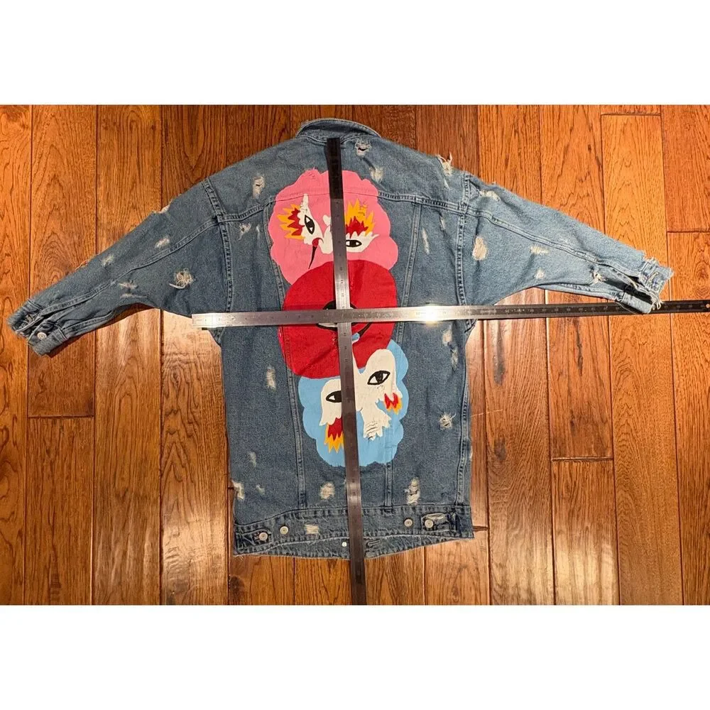 Zara TRF X Ricardo Cavolo Collab Painted Jacket Denim Oversized Distressed - Picture 2 of 4